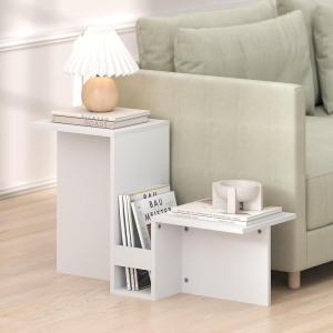 Furinno BOYATE Side Table, Valley Shaped End Table, with Tiered Levels and Magazine Rack, for Living Room, White(White)