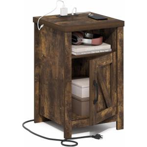 Furinno Farmhouse Night Stand with Charging Station, Bedside Table, Side Table, End Table with Door, USB Ports and Outlets, for Bedroom, Closet, Dorm, Plain White(Amber Oak)