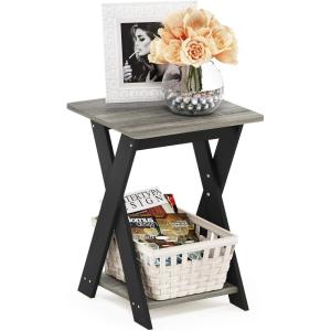 Furinno Modern Simplistic Side Table, 2-Tier Square End Table with Lower Open Shelf and X-Legs, Criss-Crossed Night Stand, Bedside Table, for Living Room, Bedroom, Espresso(French Oak/Black)