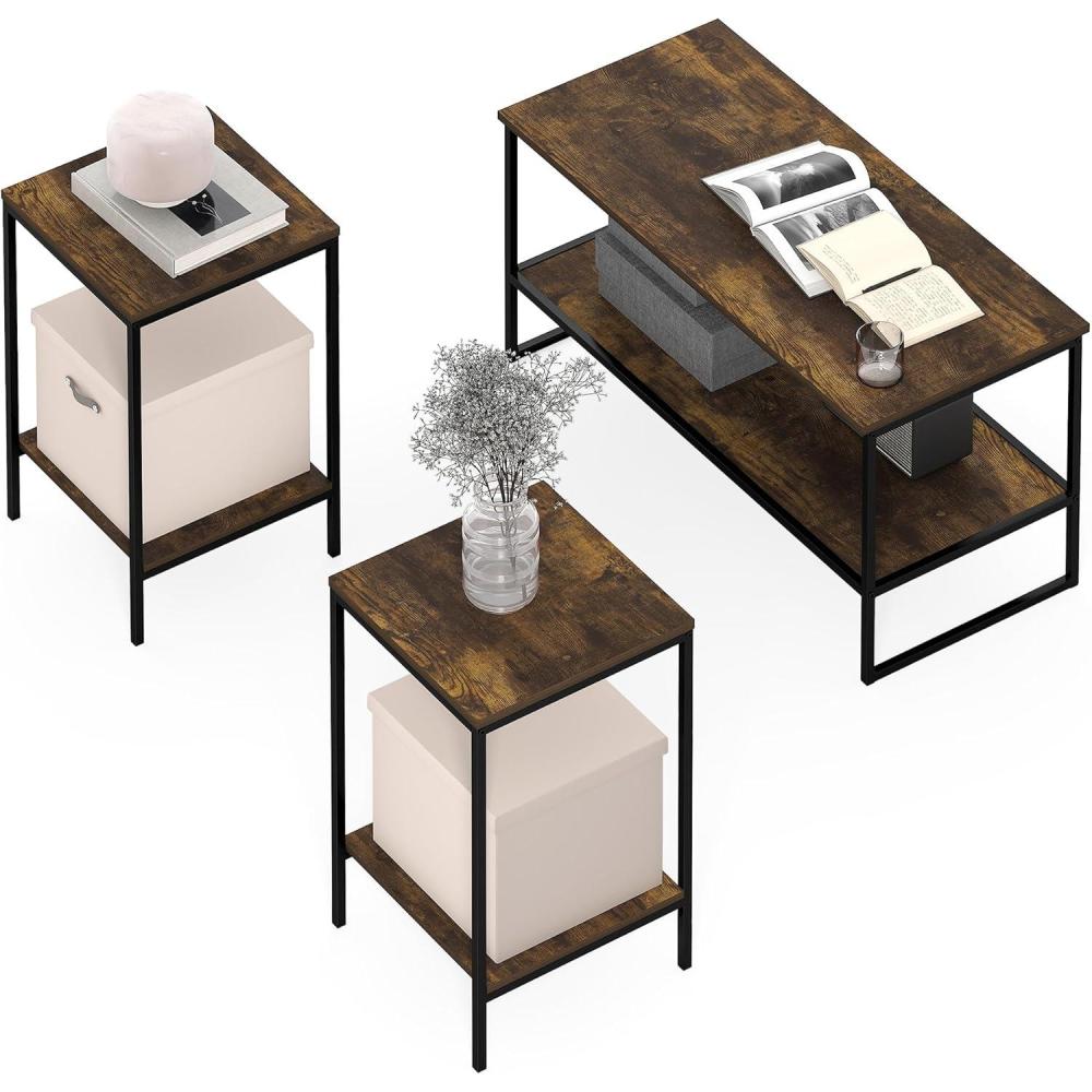 imageFurinno Simplistic Coffee Table and End Table Set of 3 Modern Metal Frame 2Tier Coffee Table amp 2 Square Side Tables Night Stands Set for Living Room Bedroom Home Office Amber Pine