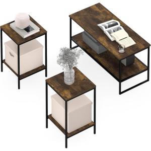 Furinno Simplistic Coffee Table and End Table Set of 3, Modern Metal Frame 2-Tier Coffee Table & 2 Square Side Tables, Night Stands Set, for Living Room, Bedroom, Home Office, Amber Pine