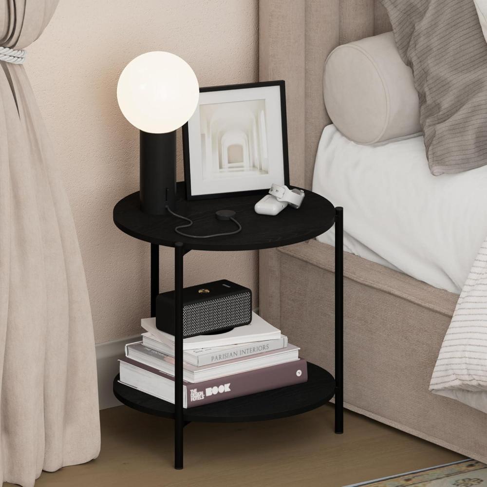 imageFurinno BESI Night Stand 2Tier Wide Round Nightstand with Metal Legs Metal Frame End Table Bedside Table Side Table with Open Shelf for Living Room Bedroom AmericanoAmericano