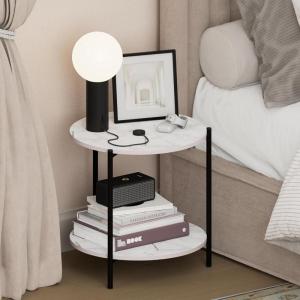 Furinno BESI Night Stand, 2-Tier Wide Round Nightstand with Metal Legs, Metal Frame End Table, Bedside Table, Side Table with Open Shelf, for Living Room, Bedroom, Americano(Marble White)