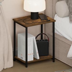 Furinno Simplistic Night Stand, 2-Tier Open Shelf Design Nightstand with Metal Frame, Bedside Table, End Table, Side Table, for Bedroom, Living Room, Espresso(Amber Pine)