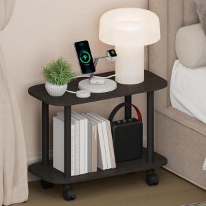 Furinno Turn-N-Tube Night Stand, 2-Tier Oval Nightstand with Wheels, Round Corner Side Table, End Table with Open Shelf, Toolless Assembly, for Living Room, Bedroom, Espresso(Espresso/Black)