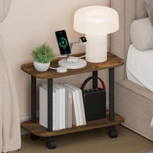 Furinno Turn-N-Tube Night Stand, 2-Tier Oval Nightstand with Wheels, Round Corner Side Table, End Table with Open Shelf, Toolless Assembly, for Living Room, Bedroom, Espresso(Amber Pine/Black)