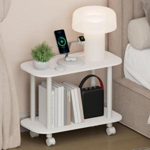Furinno Turn-N-Tube Night Stand, 2-Tier Oval Nightstand with Wheels, Round Corner Side Table, End Table with Open Shelf, Toolless Assembly, for Living Room, Bedroom, Espresso(White/White)
