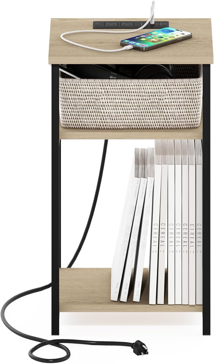image:imageFurinno Moretti 3Tier Black End Table with Charging Station Metal Frame Side Table with USB and TypeC Charging Port Night Stand Bedside Table for Living Room Bedroom Dark AmericanoNatural Oak