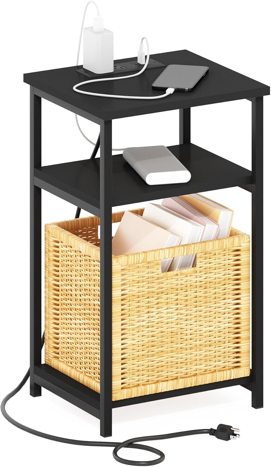 image:imageFurinno Moretti 3Tier Black End Table with Charging Station Metal Frame Side Table with USB and TypeC Charging Port Night Stand Bedside Table for Living Room Bedroom Dark AmericanoDark Americano