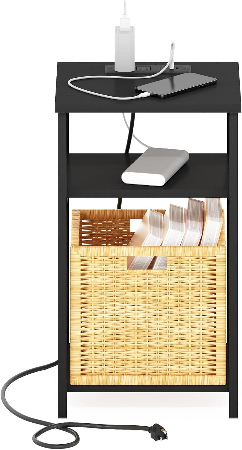 image:imageFurinno Moretti 3Tier Black End Table with Charging Station Metal Frame Side Table with USB and TypeC Charging Port Night Stand Bedside Table for Living Room Bedroom Dark AmericanoDark Americano