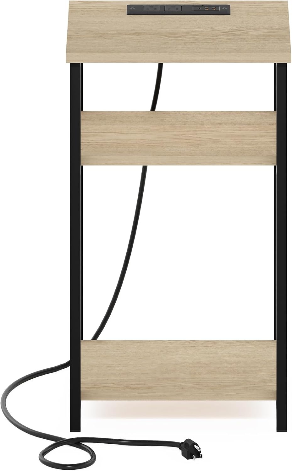 image:imageFurinno Moretti 3Tier Black End Table with Charging Station Metal Frame Side Table with USB and TypeC Charging Port Night Stand Bedside Table for Living Room Bedroom Dark AmericanoNatural Oak
