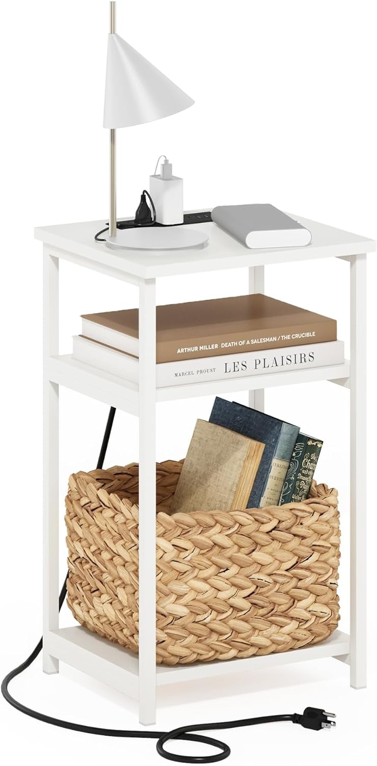 image:imageFurinno Moretti 3Tier Black End Table with Charging Station Metal Frame Side Table with USB and TypeC Charging Port Night Stand Bedside Table for Living Room Bedroom Dark AmericanoPlain WhiteWhite