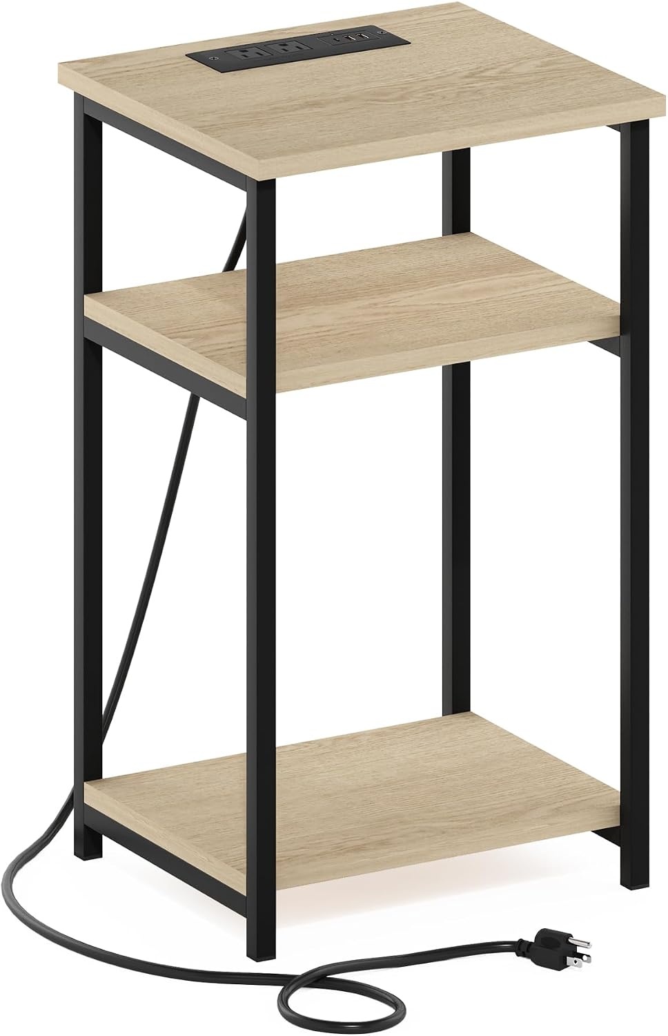 image:imageFurinno Moretti 3Tier Black End Table with Charging Station Metal Frame Side Table with USB and TypeC Charging Port Night Stand Bedside Table for Living Room Bedroom Dark AmericanoNatural Oak