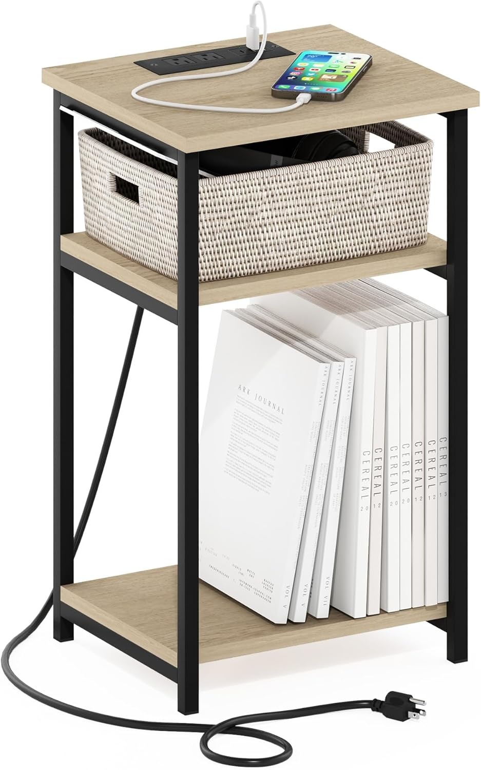 image:imageFurinno Moretti 3Tier Black End Table with Charging Station Metal Frame Side Table with USB and TypeC Charging Port Night Stand Bedside Table for Living Room Bedroom Dark AmericanoNatural Oak