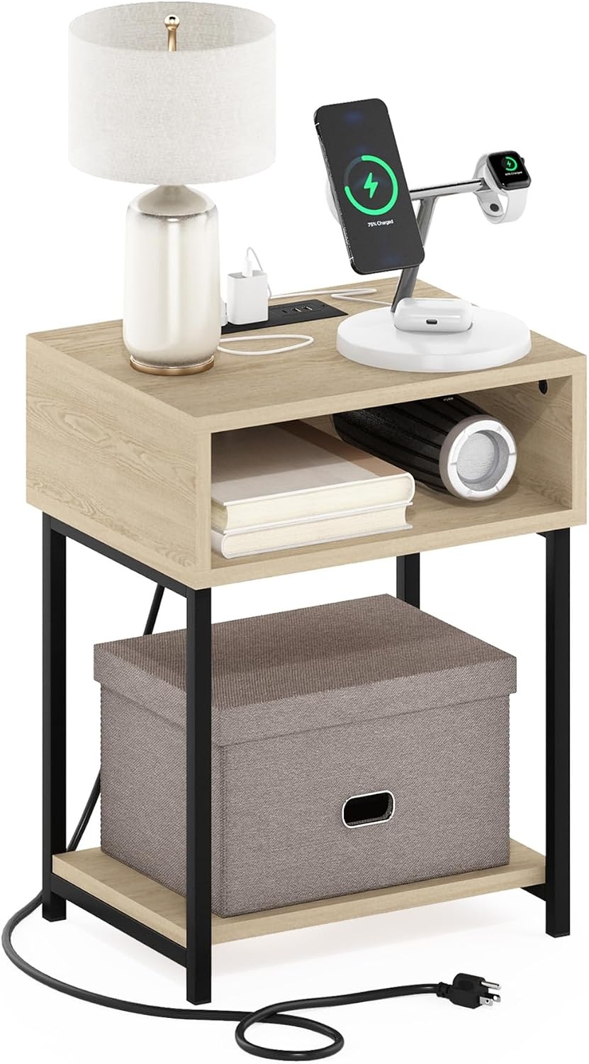 image:imageFurinno Moretti 3Tier Oak End Table with Charging Station Metal Frame Side Table with USB and TypeC Charging Port Night Stand Bedside Table for Living Room Bedroom Natural OakNatural Oak