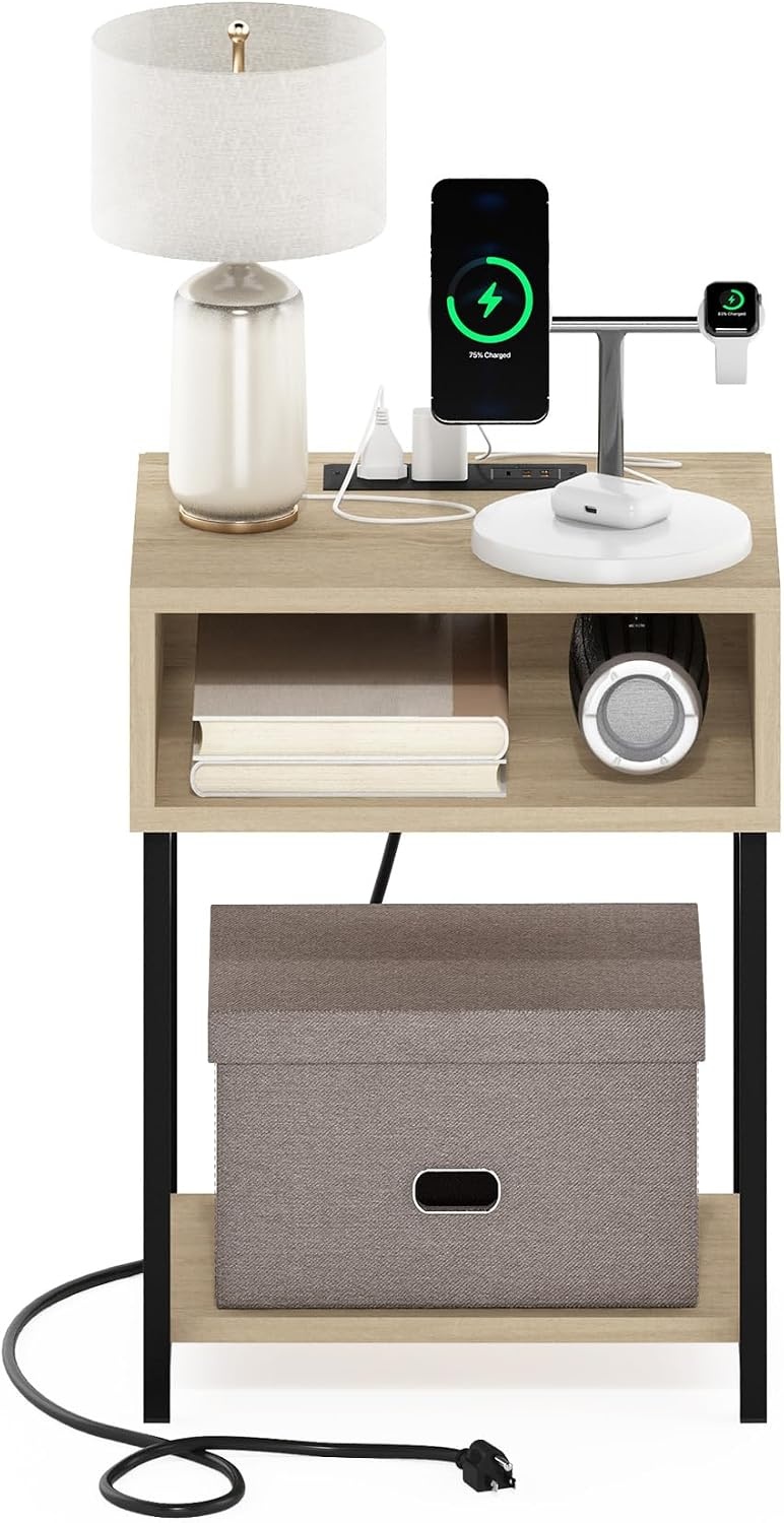 image:imageFurinno Moretti 3Tier Oak End Table with Charging Station Metal Frame Side Table with USB and TypeC Charging Port Night Stand Bedside Table for Living Room Bedroom Natural OakNatural Oak