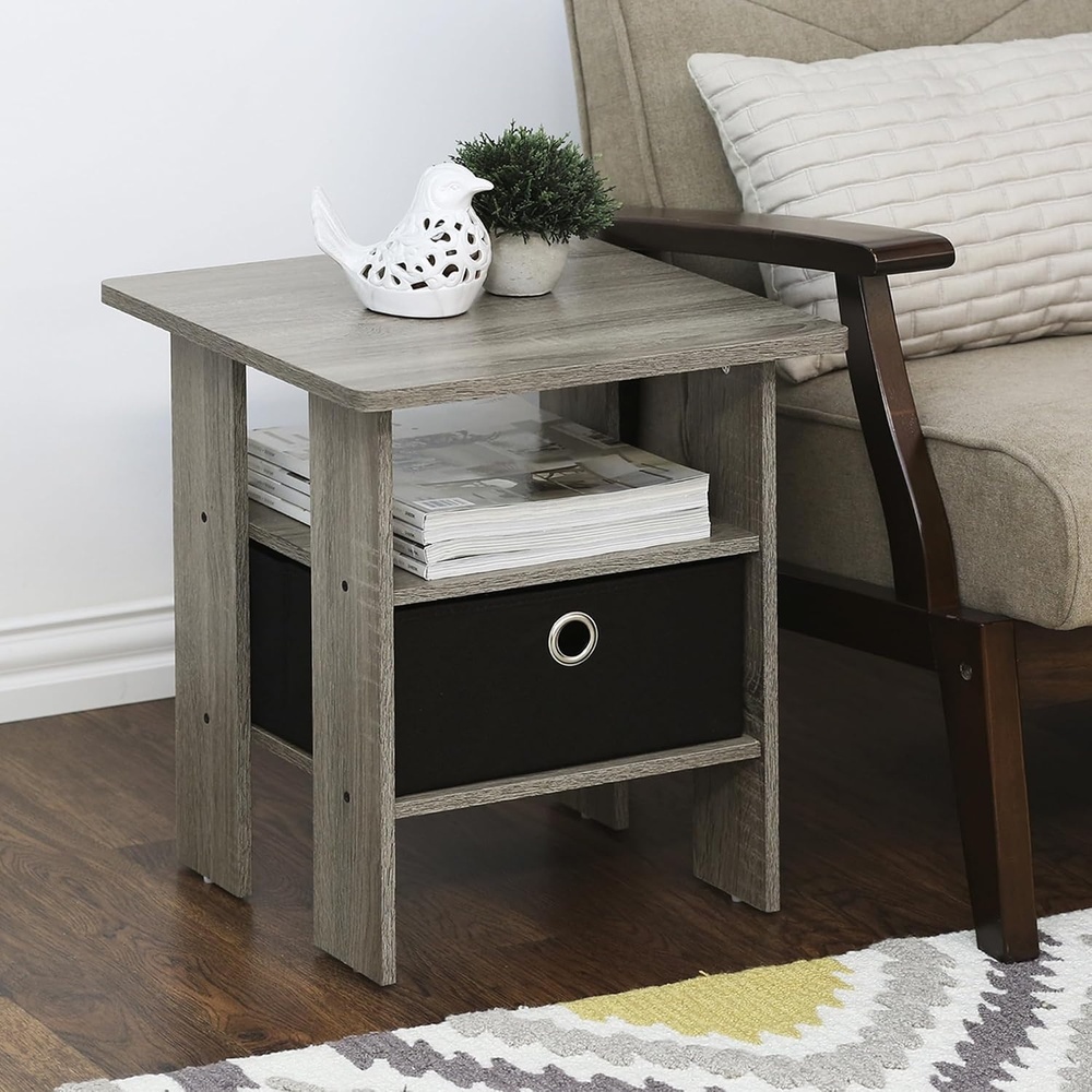 image:imageFurinno Andrey Side Table Set of 2 2Tier Grey End Table Open Shelf Night Stand with Storage Bin Nightstand for Living Room Bedroom Home Office Grey OakGrey Oak