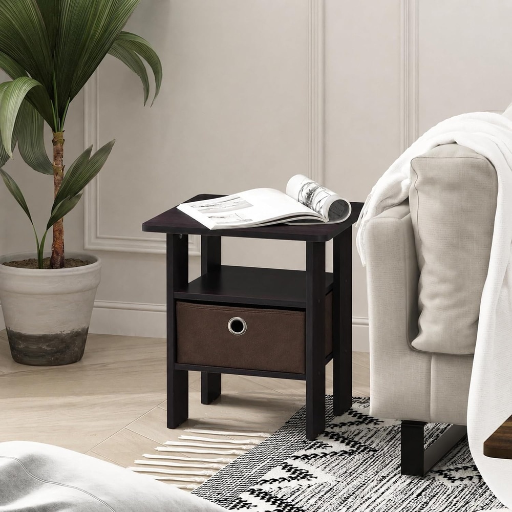 image:imageFurinno Andrey Side Table with Bin Drawer Pink End Table with Open Shelves Night Stand Bedside Table for Living Room Bedroom PinkDark Mocha