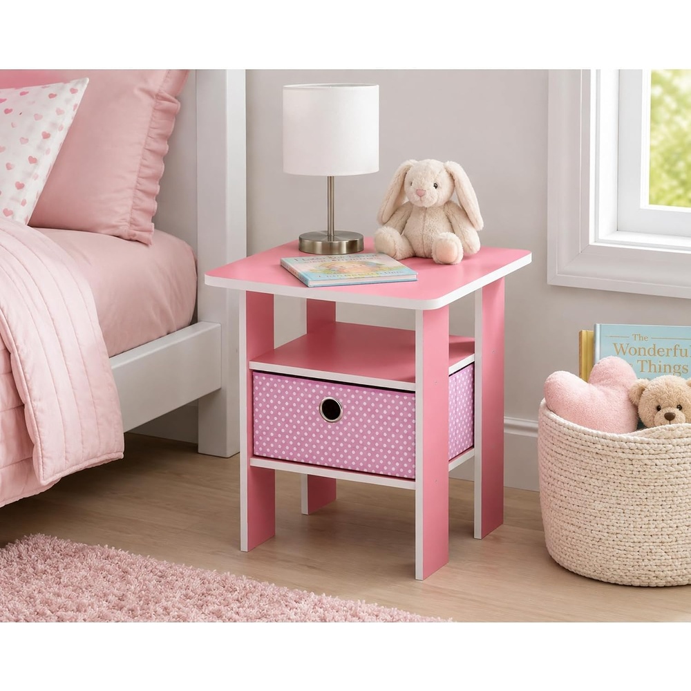 image:imageFurinno Andrey Side Table with Bin Drawer Pink End Table with Open Shelves Night Stand Bedside Table for Living Room Bedroom PinkSoft Pink