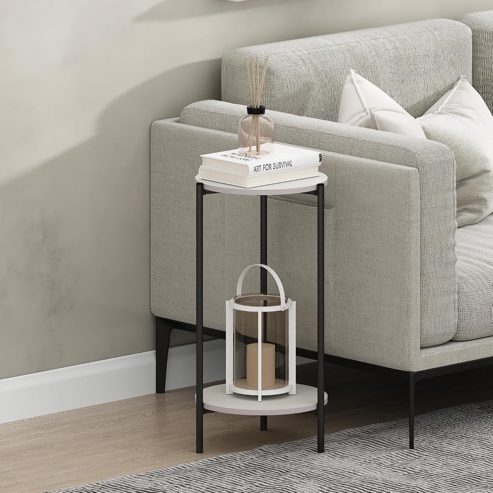 image:imageFurinno Besi 2Tier Tall Round Side Table with Metal Legs Metal Frame White End Table Night Stand Bedside Table with Open Shelf for Living Room Bedroom Plain WhitePlain WhiteBlack