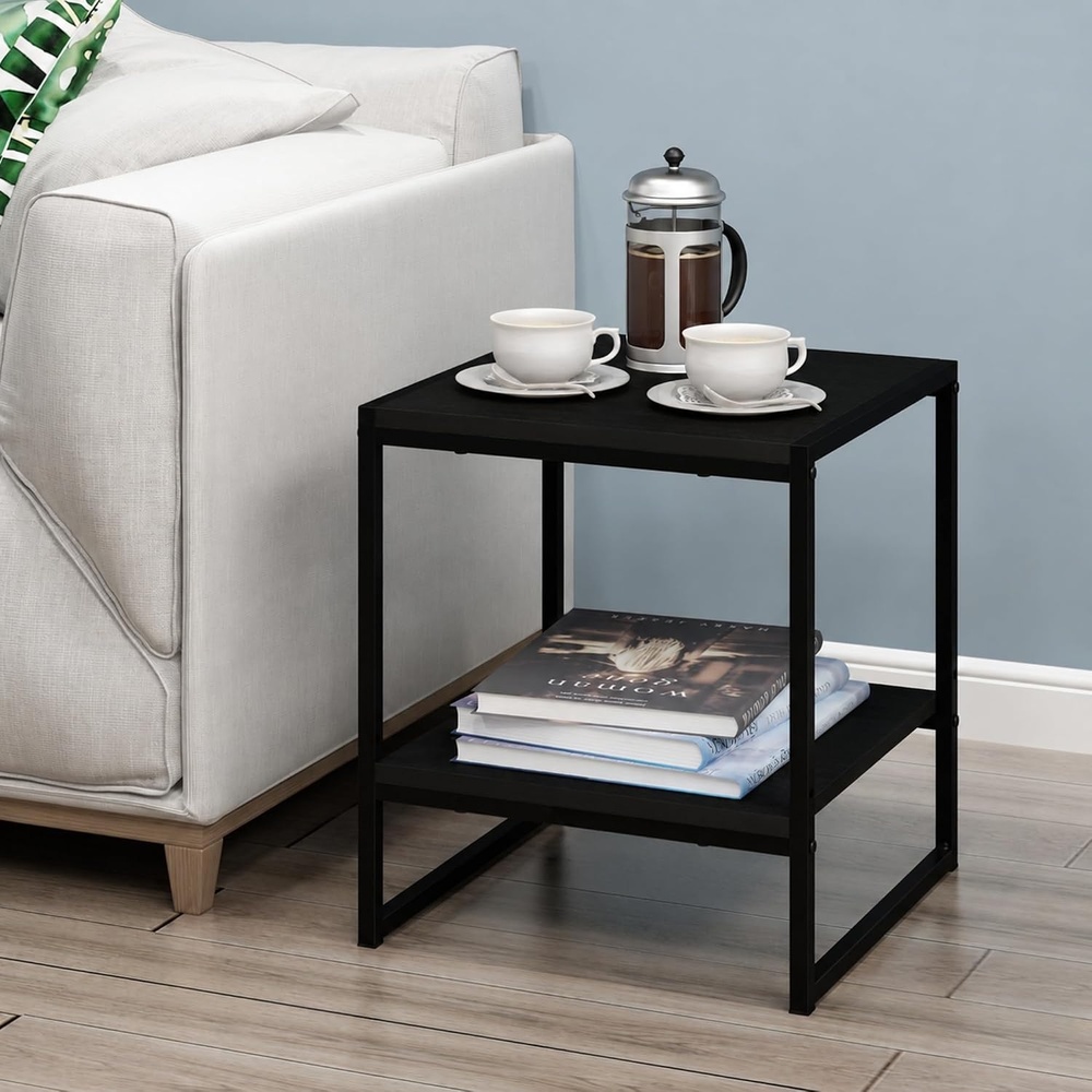 image:imageFurinno Camnus Side Table 2Tier Black End Table with Metal Frame Square Night Stand with Open Shelf Bedside Table Easy Assembly for Living Room Bedroom Dark AmericanoDark Americano