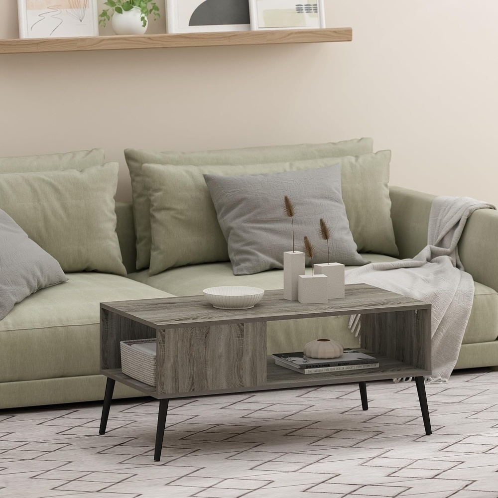image:imageFurinno Claude 2Tier Black Coffee Table MidCentury Style Coffee Table with WoodenLegs Side Table with Open Shelf for Living Room Bedroom Home Office Black EspressoGrey Oak