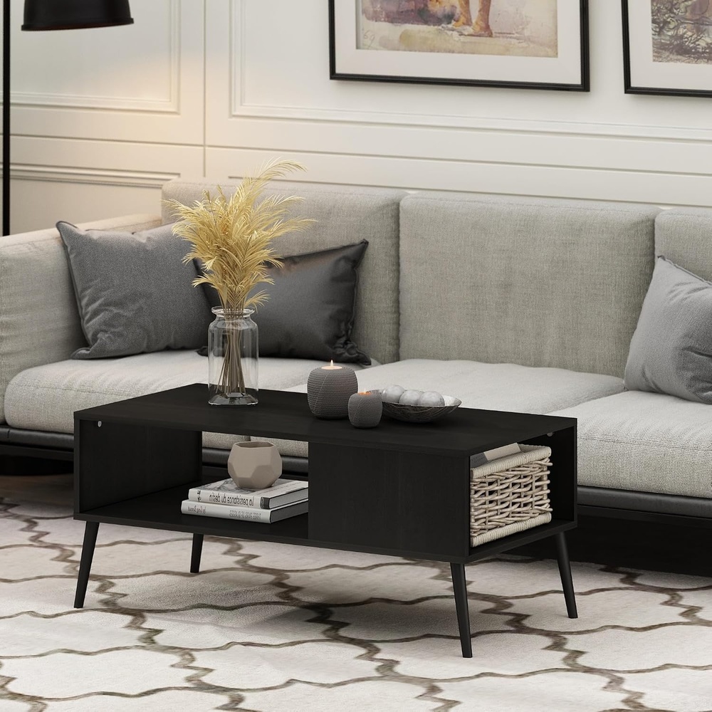 image:imageFurinno Claude 2Tier Black Coffee Table MidCentury Style Coffee Table with WoodenLegs Side Table with Open Shelf for Living Room Bedroom Home Office Black EspressoBlack Espresso