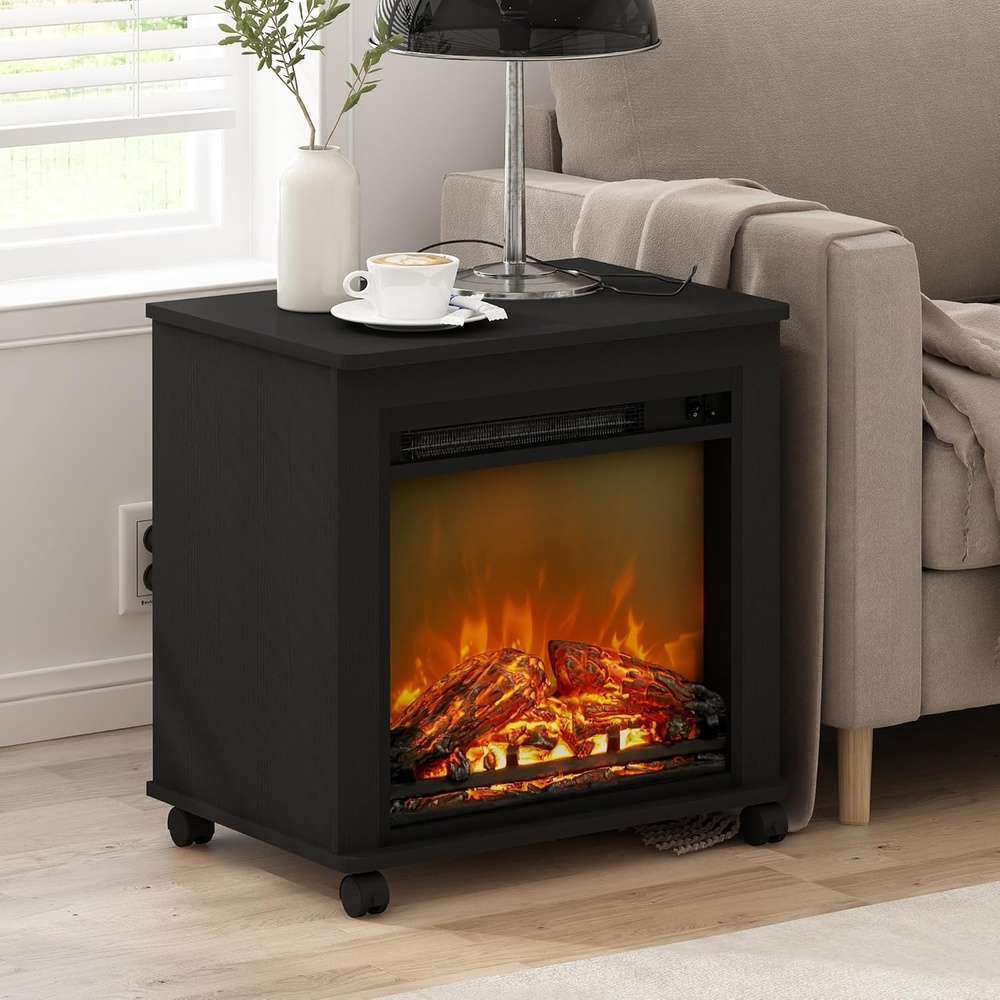 image:imageFurinno Jensen Side Table Fireplace End Table with Wheels Electric Fireplace Night Stand Bedside Table for Living Room Bedroom Dark Americano