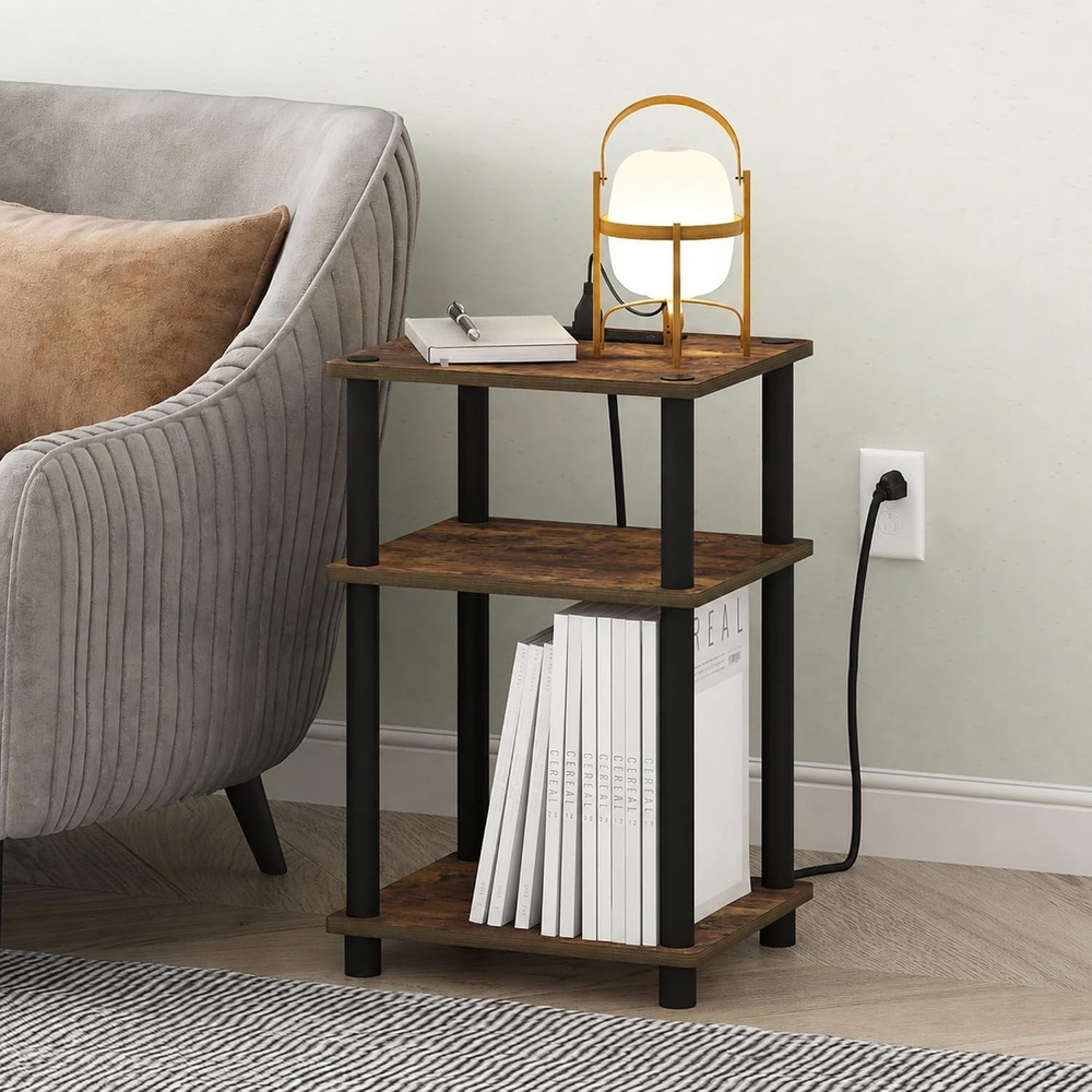 image:imageFurinno Just 3Tier Side Table with Charging Station Easy Assembly Rustic Brown End Table Night Stand Bedside Table with USB and TypeC Charging Port for Living Room Bedroom Amber OakAmber OakBlack