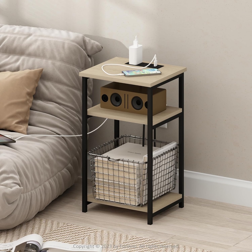 image:imageFurinno Moretti 3Tier Black End Table with Charging Station Metal Frame Side Table with USB and TypeC Charging Port Night Stand Bedside Table for Living Room Bedroom Dark AmericanoNatural Oak