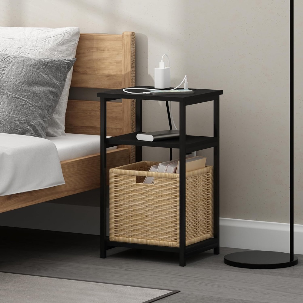 image:imageFurinno Moretti 3Tier Black End Table with Charging Station Metal Frame Side Table with USB and TypeC Charging Port Night Stand Bedside Table for Living Room Bedroom Dark AmericanoDark Americano