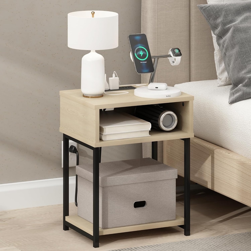 image:imageFurinno Moretti 3Tier Oak End Table with Charging Station Metal Frame Side Table with USB and TypeC Charging Port Night Stand Bedside Table for Living Room Bedroom Natural OakNatural Oak