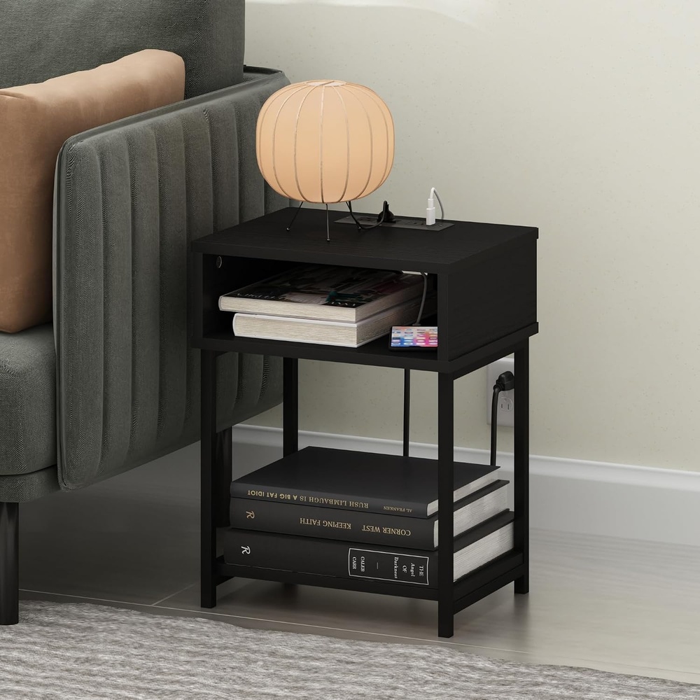 image:imageFurinno Moretti 3Tier Oak End Table with Charging Station Metal Frame Side Table with USB and TypeC Charging Port Night Stand Bedside Table for Living Room Bedroom Natural OakDark Americano