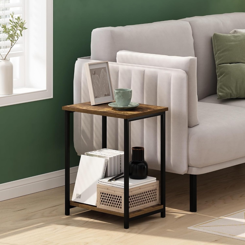 image:imageFurinno Simplistic Side Table 2Tier Rustic Brown End Table with Metal Frame Open Shelf Night Stand Bedside Table Easy Assembly for Living Room Bedroom Amber OakAmber Oak