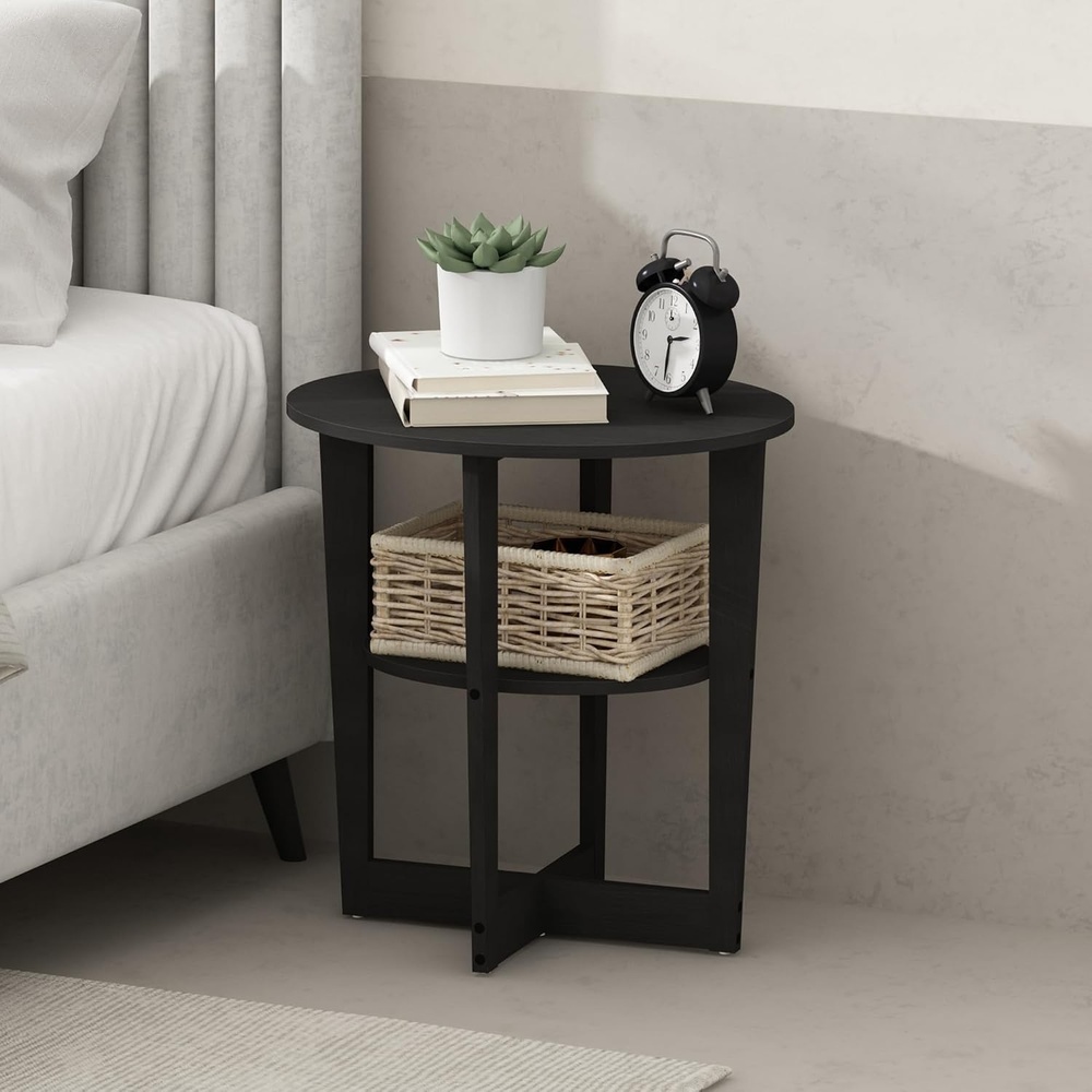 image:imageFurinno Tidur 2Tier Oval Night Stand Black Nightstand with Round Edge Tabletop Open Shelf Bedside Table End Table Side Table for Bedroom Living Room Black Walnut