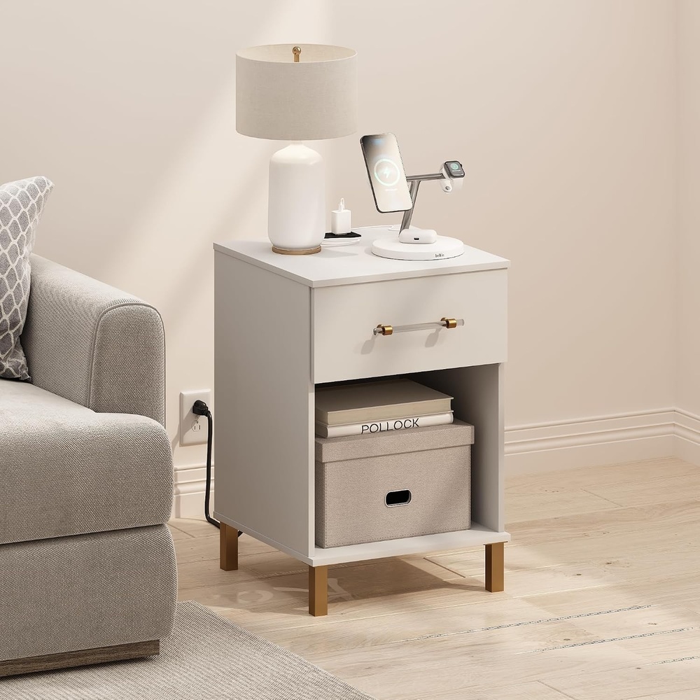 image:imageFurinno Tidur Side Table with Charging Station End Table Night Stand Bedside Table with USB and TypeC Charging Port for Living Room Bedroom Plain White