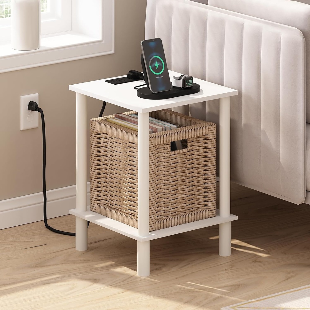image:imageFurinno TurnNTube 2Tier Square Side Table with Charging Station End Table Night Stand Bedside Table with USB and TypeC Charging Port for Living Room Bedroom Plain WhitePlain WhiteWhite