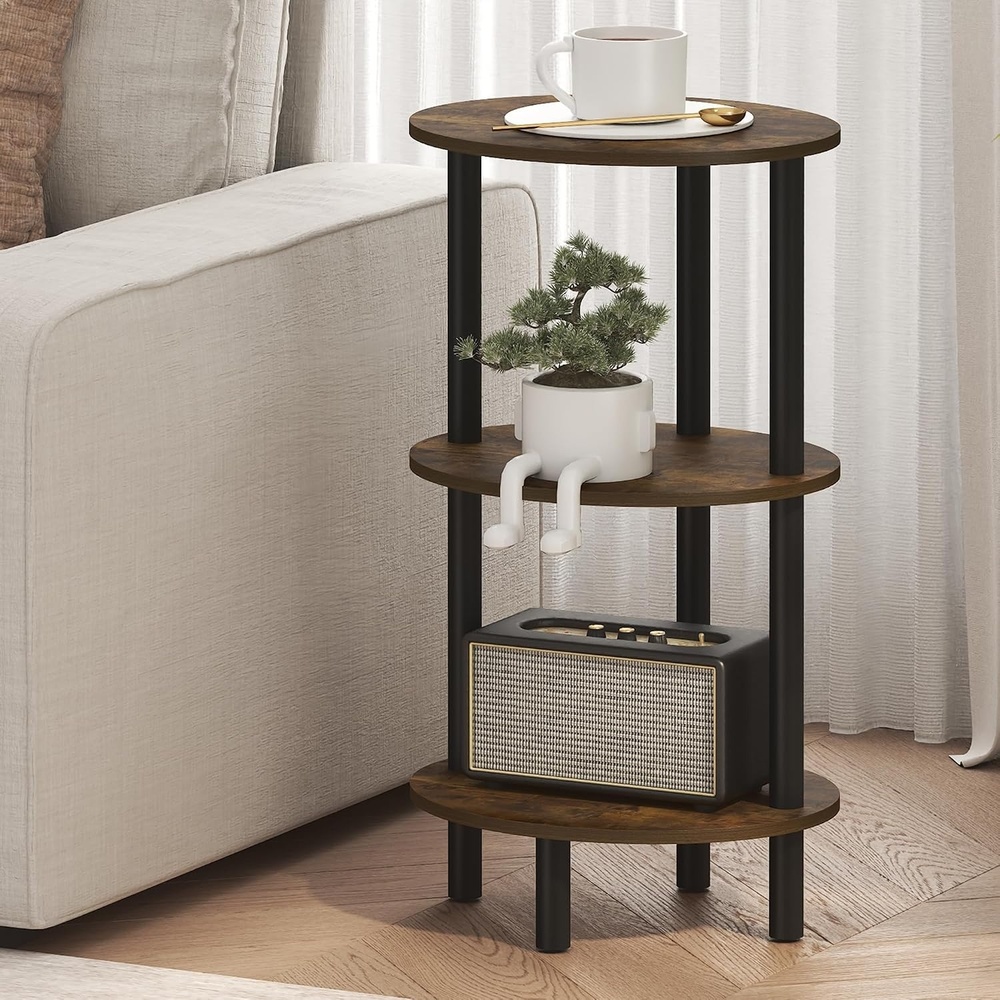 image:imageFurinno TurnNTube 3Tier Oval Side Table Rustic Brown End Table Night Stand Bedside Table for Living Room Bedroom Amber OakBlackAmber OakBlack