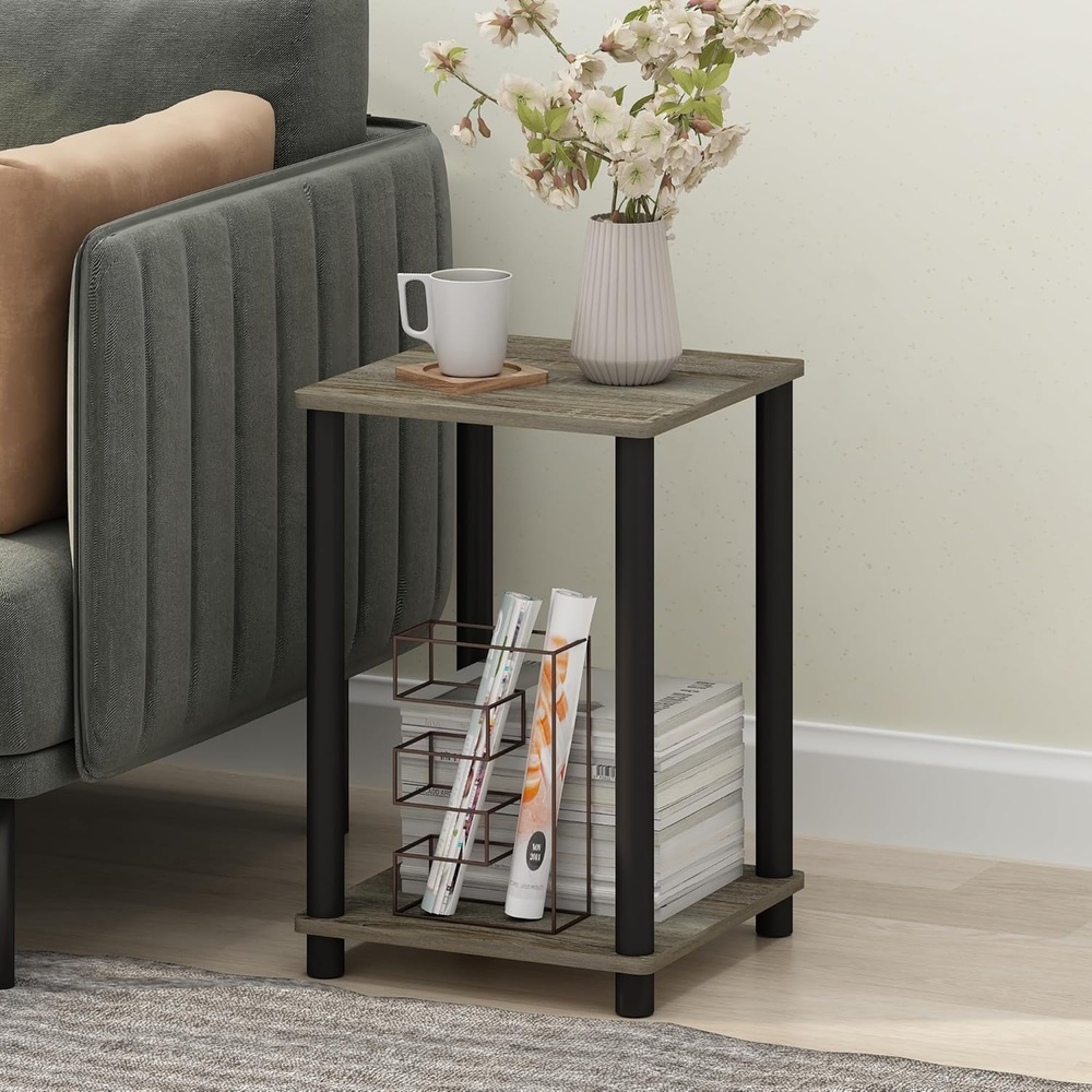 image:imageFurinno TurnNTube Toolless Assembly Side Table Set of 2 Stackable 2Tier Grey End Table with Open Shelf Night Stand Bedside Table for Living Room Bedroom Grey OakGrey Oak
