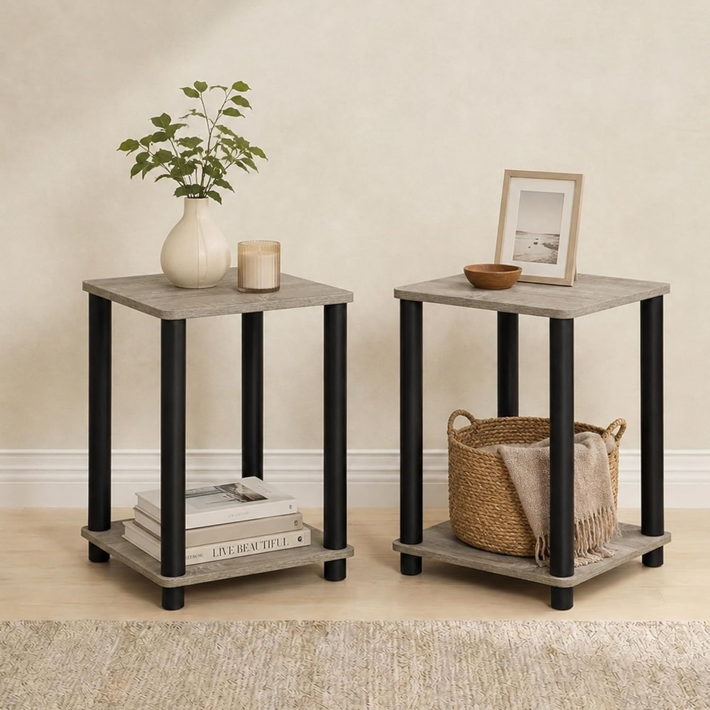 image:imageFurinno TurnNTube Toolless Assembly Side Table Set of 2 Stackable 2Tier Grey End Table with Open Shelf Night Stand Bedside Table for Living Room Bedroom Grey OakGrey OakBlack
