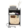 Furinno Moretti 3-Tier Oak End Table with Charging Station, Metal Frame Side Table with USB and Type-C Charging Port, Night Stand, Bedside Table for Living Room, Bedroom, Natural Oak(Dark Americano)