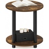 Furinno Turn-N-Tube Toolless Assembly Side Table, 2-Tier Rustic Brown Round End Table with Open Shelf, Night Stand, Bedside Table, for Living Room, Bedroom, Amber Oak(Amber Oak)