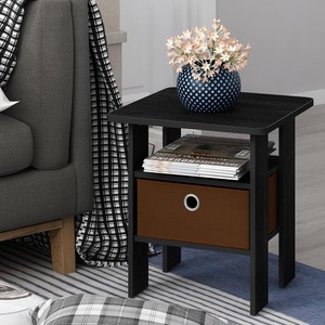 Furinno Andrey Side Table with Bin Drawer, Black End Table with Open Shelves, Night Stand, Bedside Table, for Living Room, Bedroom, Dark Americano(Dark Americano/Medium Brown)
