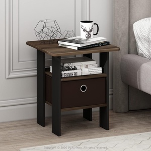 Furinno Andrey Side Table with Bin Drawer, Pink End Table with Open Shelves, Night Stand, Bedside Table, for Living Room, Bedroom, Pink(Brown Walnut/Dark Brown)