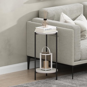 Furinno Besi 2-Tier Tall Round Side Table with Metal Legs, Metal Frame, White End Table, Night Stand, Bedside Table with Open Shelf, for Living Room, Bedroom, Plain White(Plain White/Black)