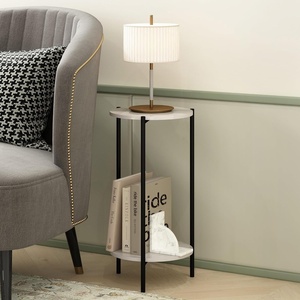 Furinno Besi 2-Tier Tall Round Side Table with Metal Legs, Metal Frame, White End Table, Night Stand, Bedside Table with Open Shelf, for Living Room, Bedroom, Plain White(Light Marble)