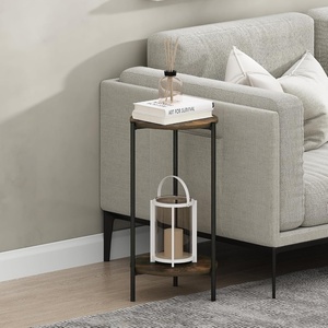 Furinno Besi 2-Tier Tall Round Side Table with Metal Legs, Metal Frame, White End Table, Night Stand, Bedside Table with Open Shelf, for Living Room, Bedroom, Plain White(Amber Oak)