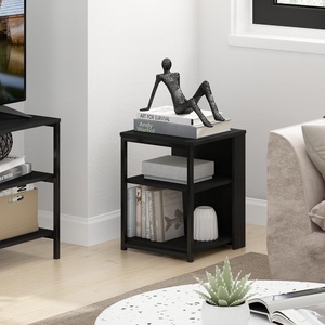 Furinno Camnus Side Table, 3-Tier Black End Table with Metal Frame, Square Night Stand with Open Shelf, Bedside Table, Easy Assembly, for Living Room, Bedroom, Dark Americano