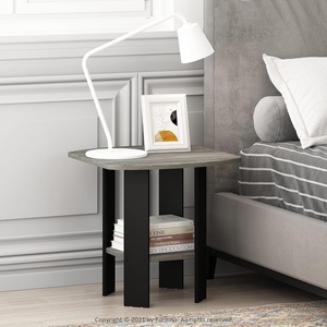 Furinno Modern Grey Side Table, Round Corner End Table with 1-Tier Storage Shelf, Night Stand, Bedside Table, for Living Room, Bedroom, Grey Oak