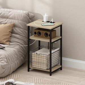 Furinno Moretti 3-Tier Black End Table with Charging Station, Metal Frame Side Table with USB and Type-C Charging Port, Night Stand, Bedside Table for Living Room, Bedroom, Dark Americano(Natural Oak)